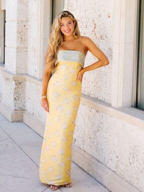 Strapless Yellow Floral Gown